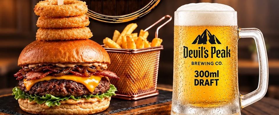 Gourmet beef burger topped with onion rings, a basket of chips and a 300ml Devil's Peak draft